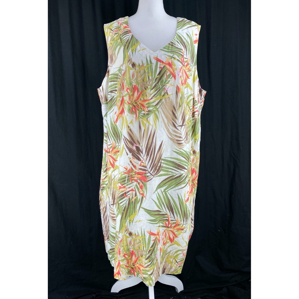 J. Jill Love Linen Tropical Palm Print V-Neck Shift Dress Pockets 3X Lagenlook